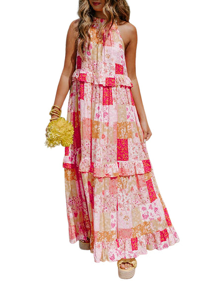 Multicolor Floral Print Sleeveless Tiered Ruffle Trim Sundress