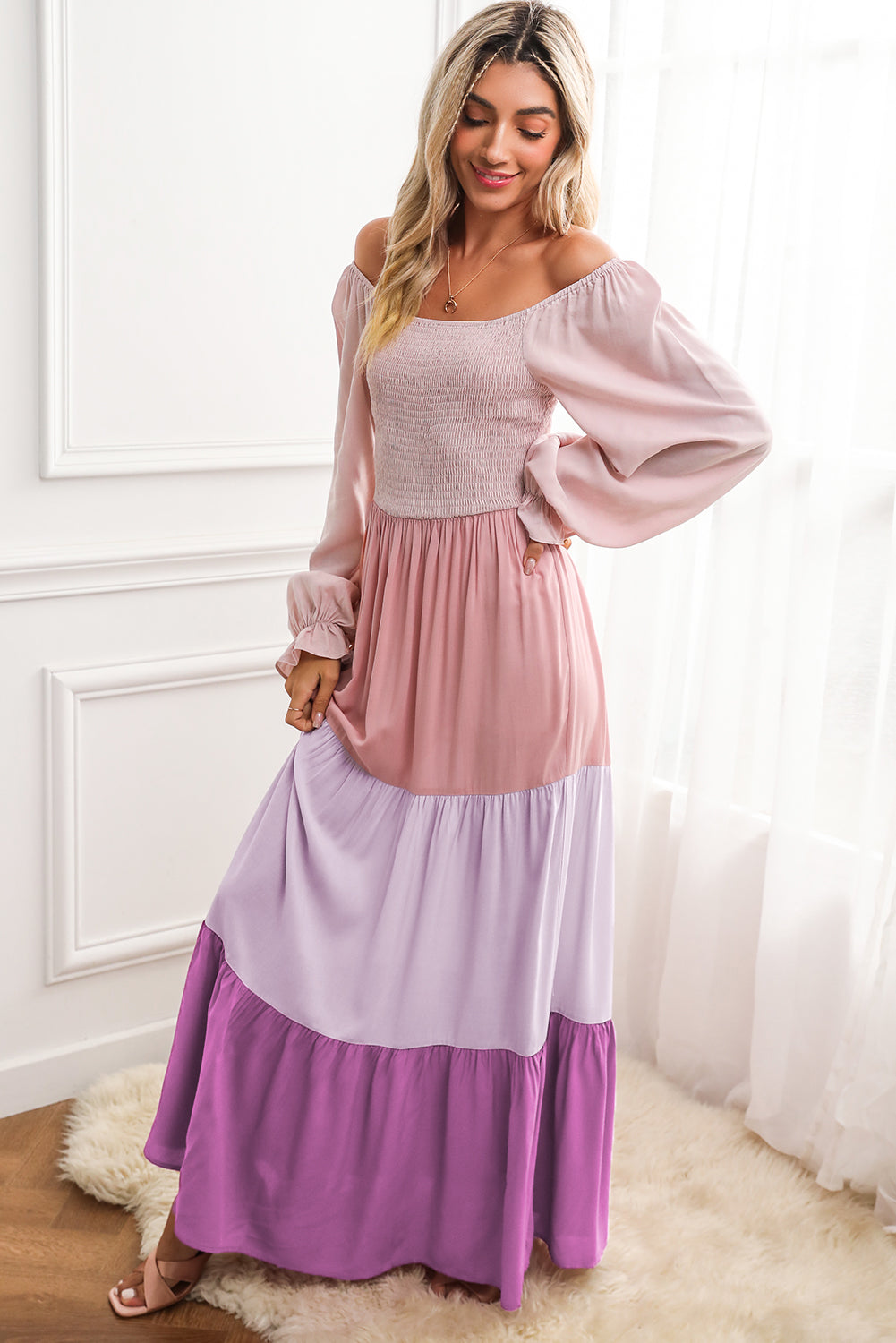 Multicolor Smocked Square Neck Tiered Maxi Dress