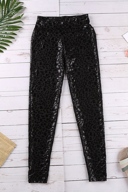 Black Shiny Leopard Casual Textured Leggings