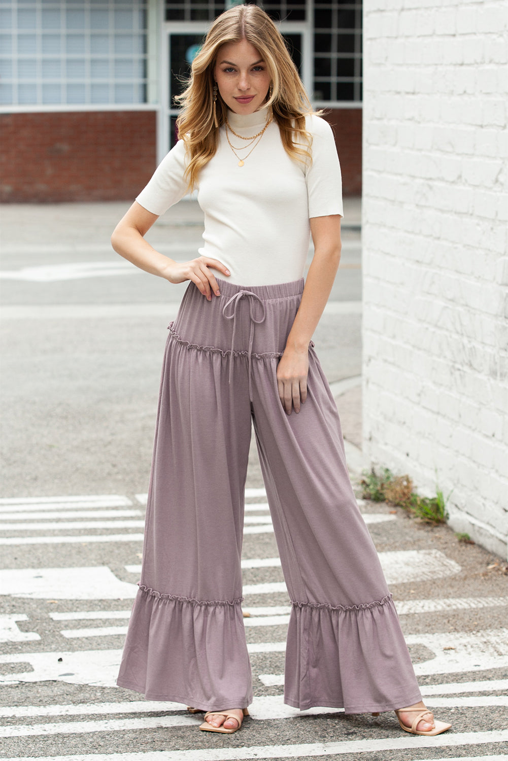 Khaki Frill Detail Drawstring High Waist Wide Leg Pants