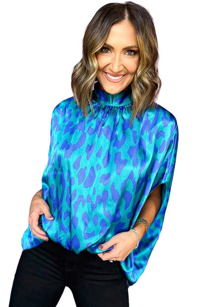 Blue Leopard Print Loose Batwing Sleeve Mock Neck Blouse