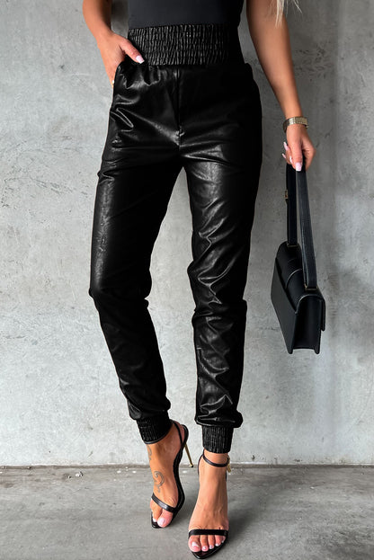 Brown Smocked High Waist Leather Skinny Pants