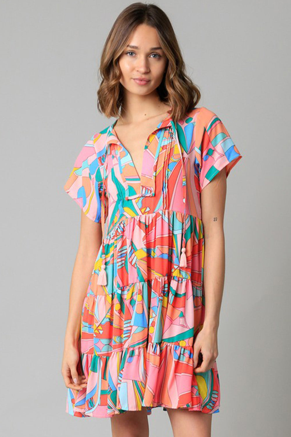 Pink Abstract Print Split V Neck Short Sleeve Tiered Dress