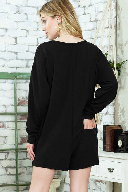 Black Casual Henley Button V Neck Pocketed Romper