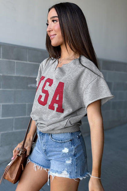 Dark Blue USA Lettering Patch Notched Neck Loose Tee