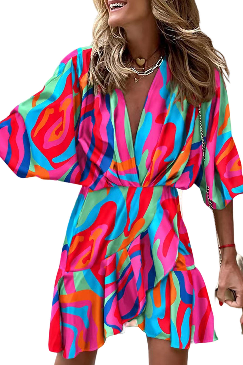 Wholesale Multicolor Abstract Printed V Neck Dolman Sleeve Ruffle Wrap Dress