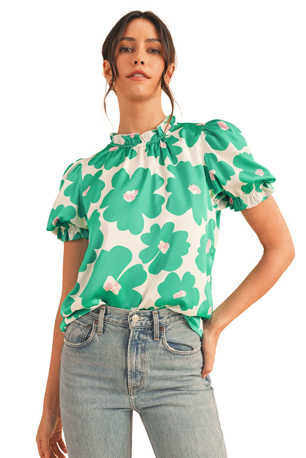 Rose Floral Puff Sleeve Frill Neckline Blouse