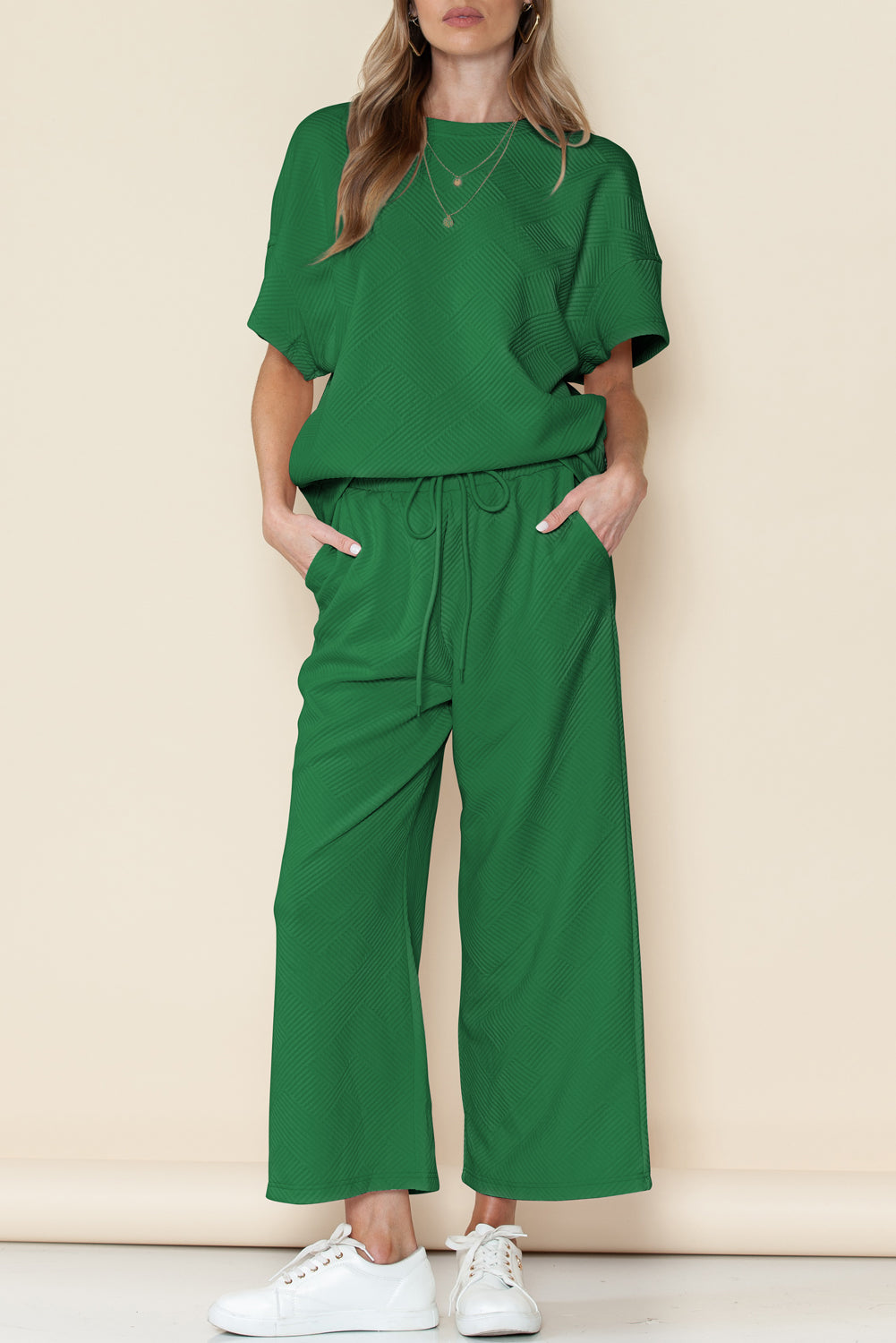 Dark Green Textured Loose Fit T Shirt and Drawstring Pants Set