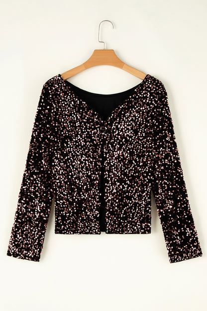 Black Sequin Cutout Back Long Sleeve Top