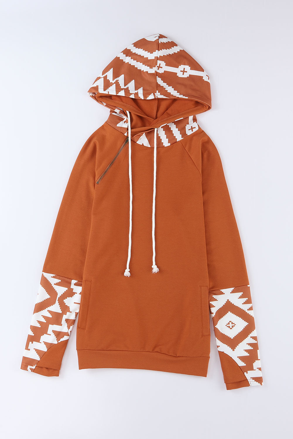 Brown Geometric Pattern Pullover Hoodie with Pockets