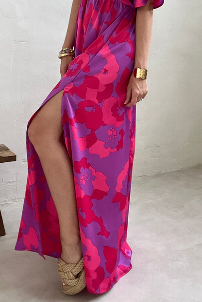 Rose Abstract Floral Print V Neck Split Maxi Dress