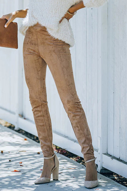 Khaki Mid Rise Faux Suede Skinny Leggings