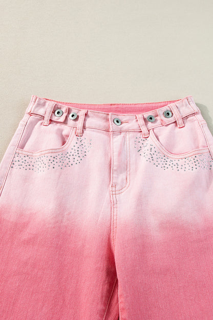 Pink Scattering Rhinestone Gradient Straight Jeans