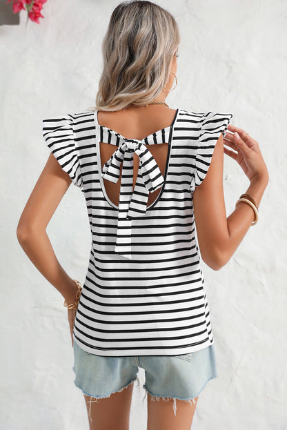 White Stripe V Neck Knotted Backless Ruffle T Shirt