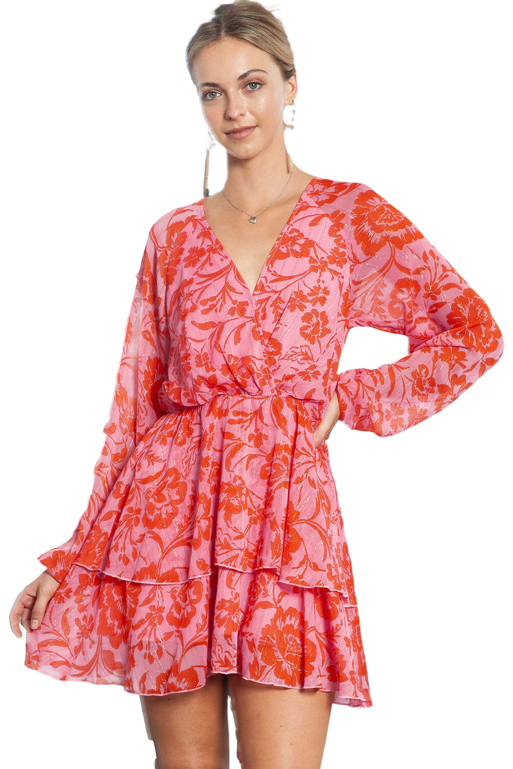 Red Floral Print Wrap V Neck Long Sleeve Boho Dress