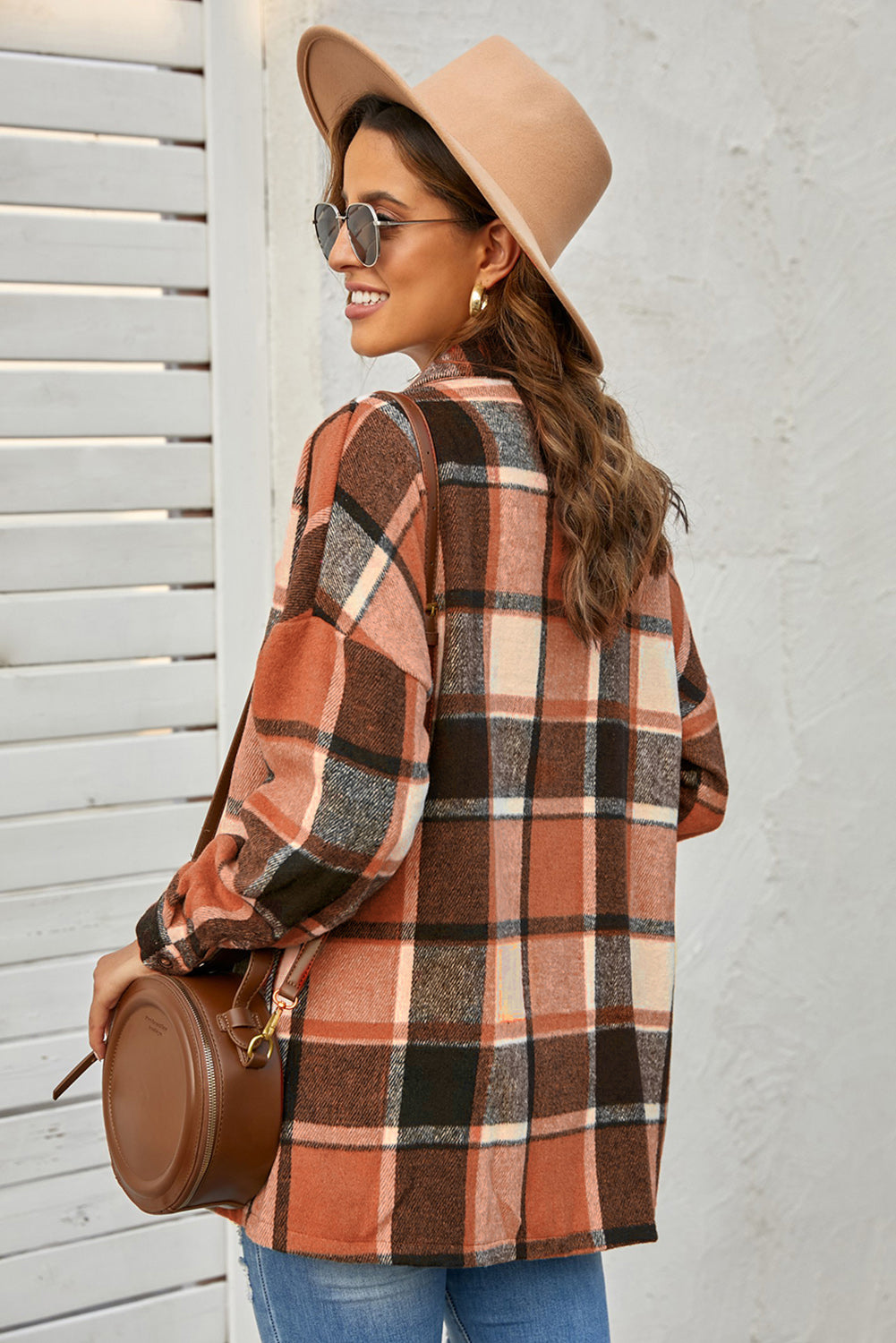 Wholesale Brown Plaid Button Up Long Sleeve Flannel Shacket