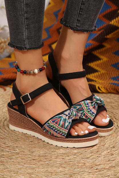 Black Contrast Bow Decor Buckle Strap Wedge Sandals