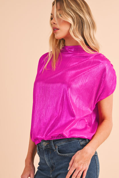 Bright Pink Ruched Sleeves Knotted Backless Blouse