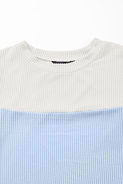 Light Blue Rib Textured Colorblock Round Neck T Shirt