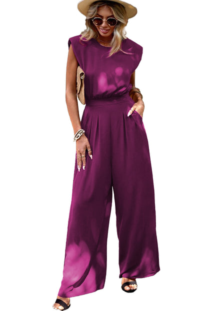 Rose Red Padded Shoulder Slant Pocket Wide Leg Jumpsuit