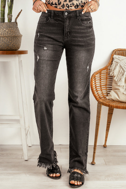 Black high-waisted straight leg jeans with raw hem, women's denim, IOPCCLOTHING