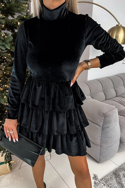 Black velvet mini dress, high neck, tiered ruffles, elegant style, IOPCCLOTHING