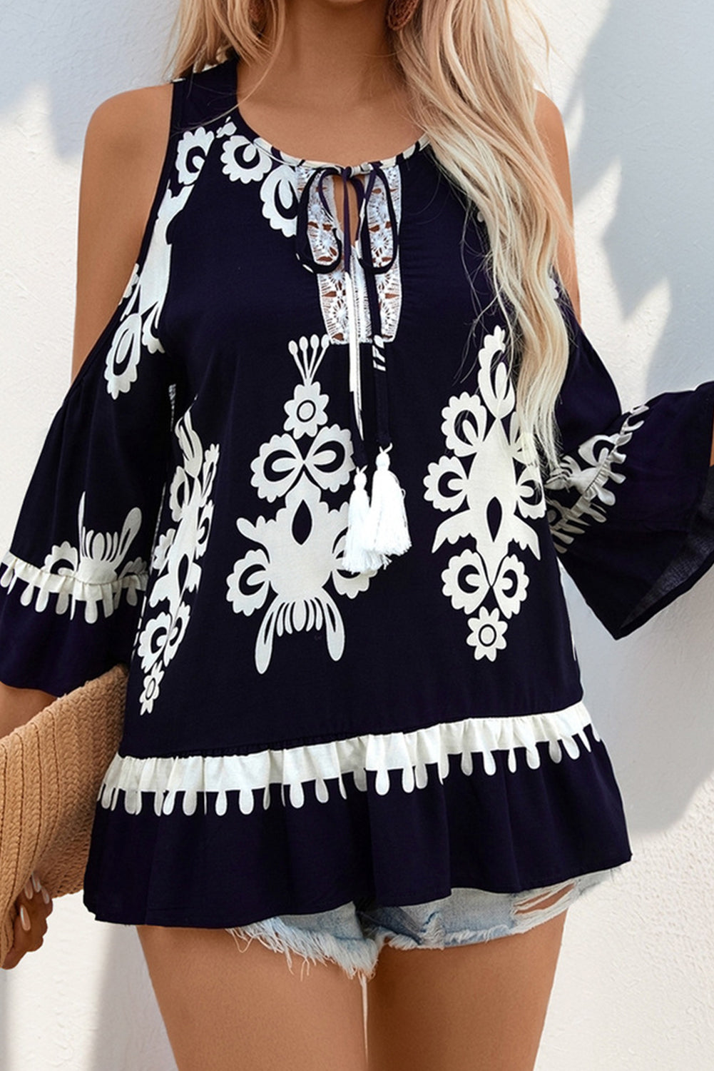 Blue abstract print cold shoulder blouse with tassels and tie front, boho style, women's top, IOPCCLOTHING