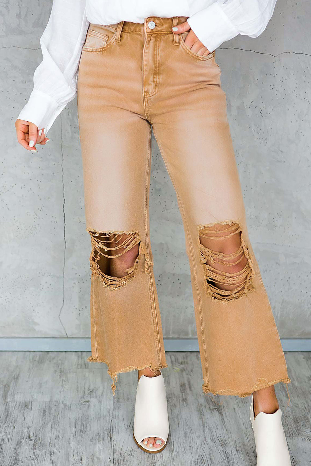 Brown distressed hollow-out high waist flare jeans, women's denim, unique style, IOPCCLOTHING