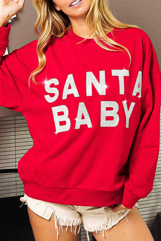 Red glitter Santa Baby Christmas sweatshirt, festive apparel, holiday fashion, IOPCCLOTHING