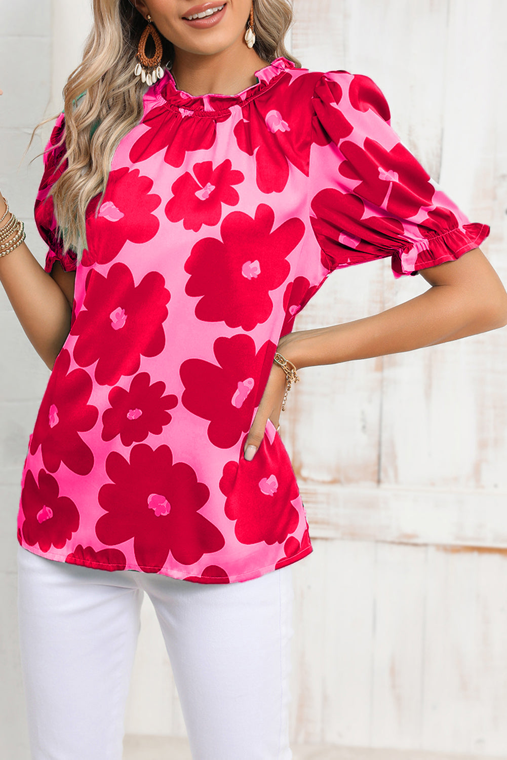 Rose floral puff sleeve blouse, frill neckline, feminine style, IOPCCLOTHING