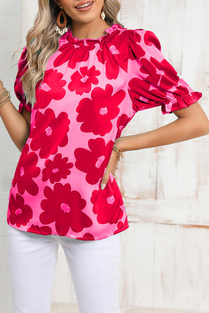 Rose floral puff sleeve blouse, frill neckline, feminine style, IOPCCLOTHING