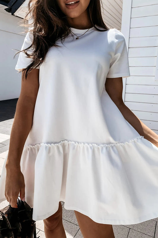 White mini dress with frill hem, short sleeves, flowy, feminine, IOPCCLOTHING