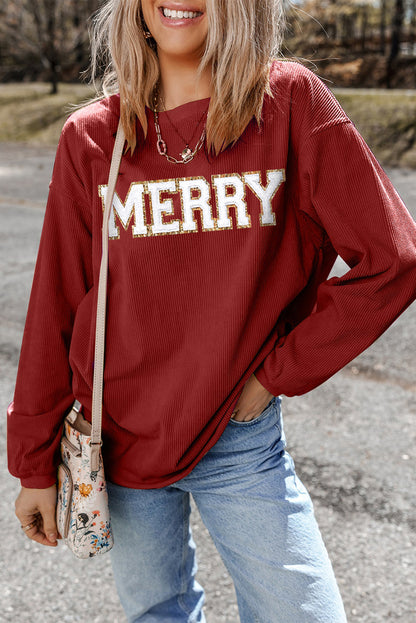 Racing Red MERRY Graphic Corded Long Sweatshirt