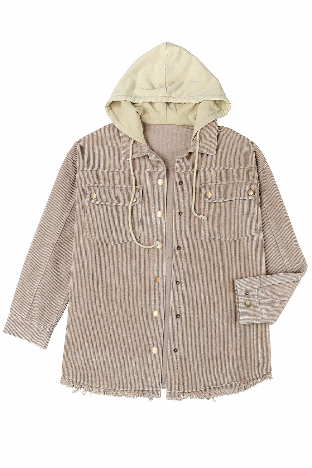 Khaki Patchwork Raw Hem Hooded Corduroy Jacket