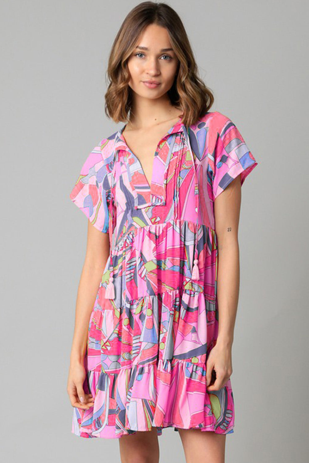 Pink Abstract Print Split V Neck Short Sleeve Tiered Dress