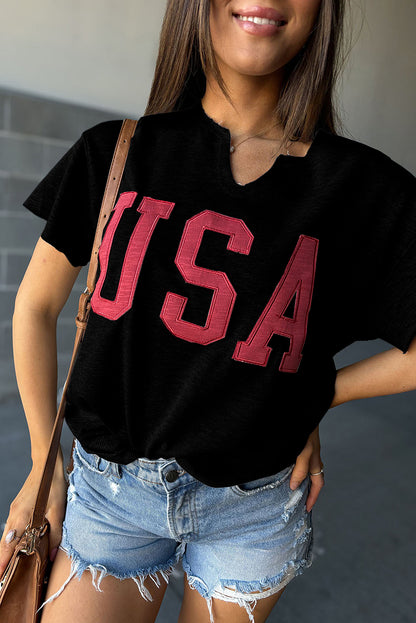 Dark Blue USA Lettering Patch Notched Neck Loose Tee