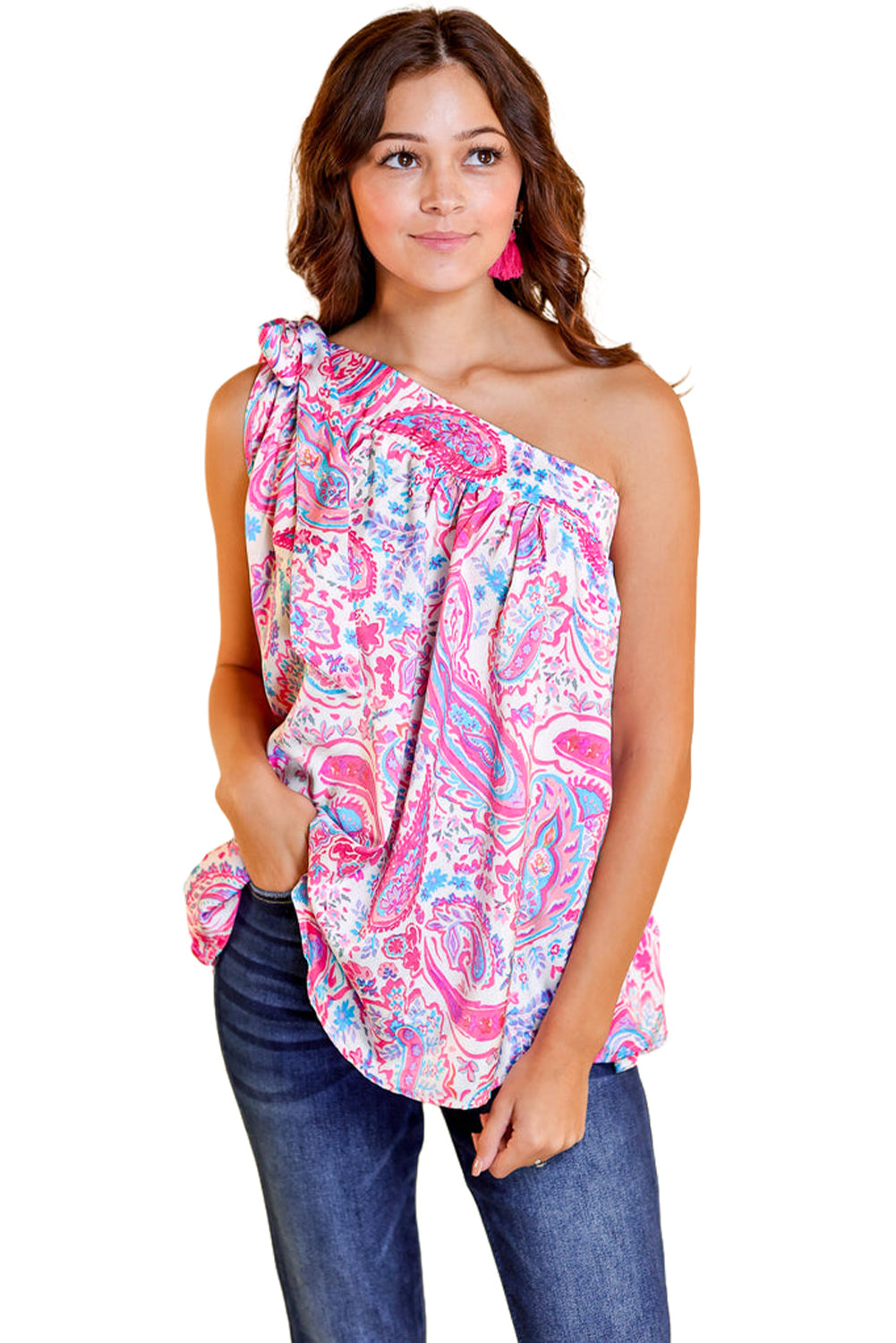 Multicolour Paisley Print Knot Asymmetric Shoulder Sleeveless Shirt