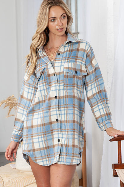 Yellow Plaid Print Flap Pocket Long Sleeve Shacket