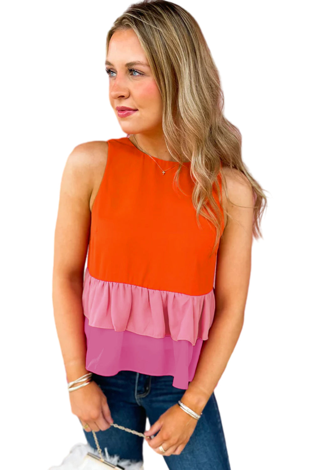 Orange Colorblock Layered Ruffle Sleeveless Blouse