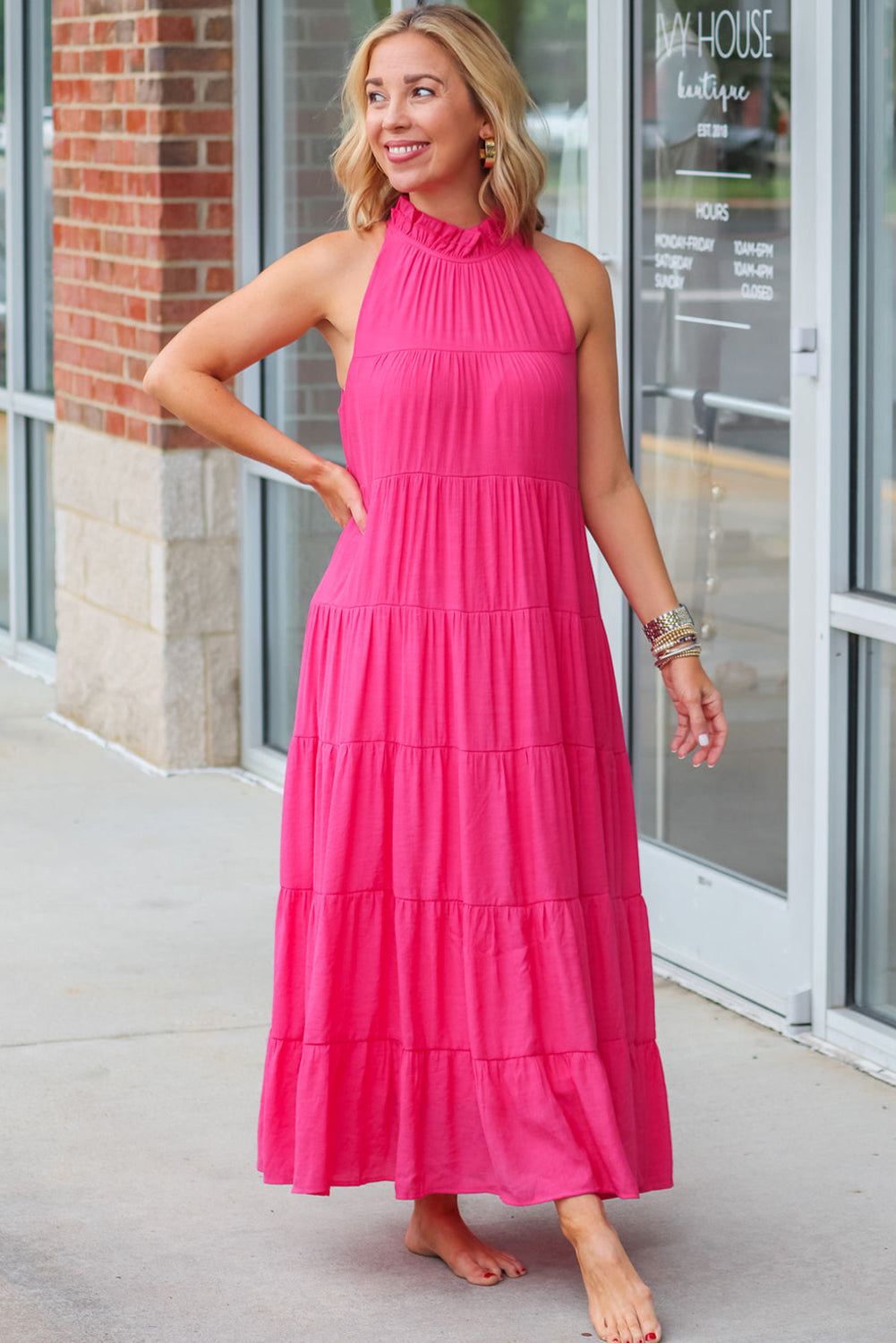 Rose Red Knotted Frill Neck Tiered Flared Maxi Dress