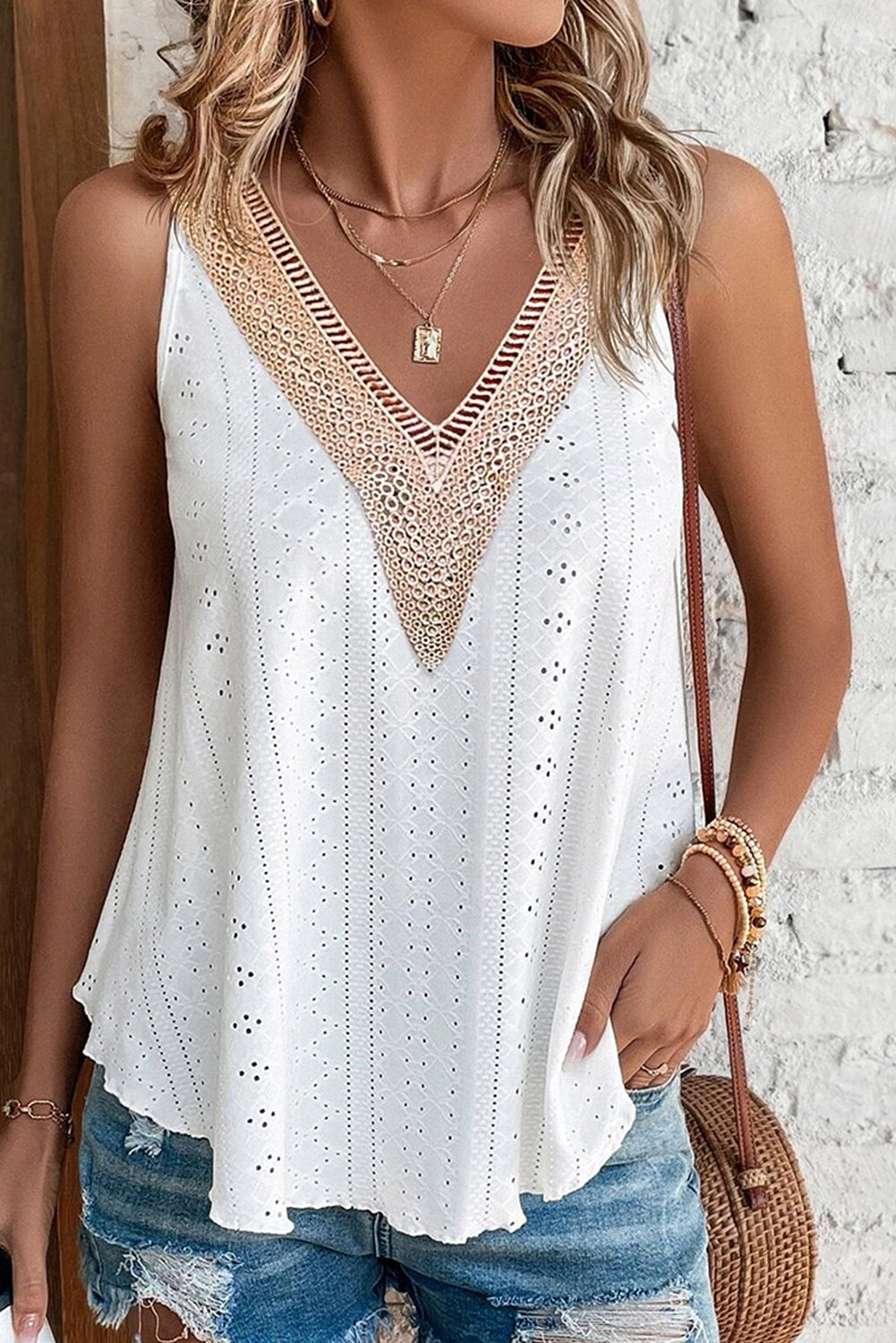 White Lace Crochet Splicing Eyelet V Neck Tank Top