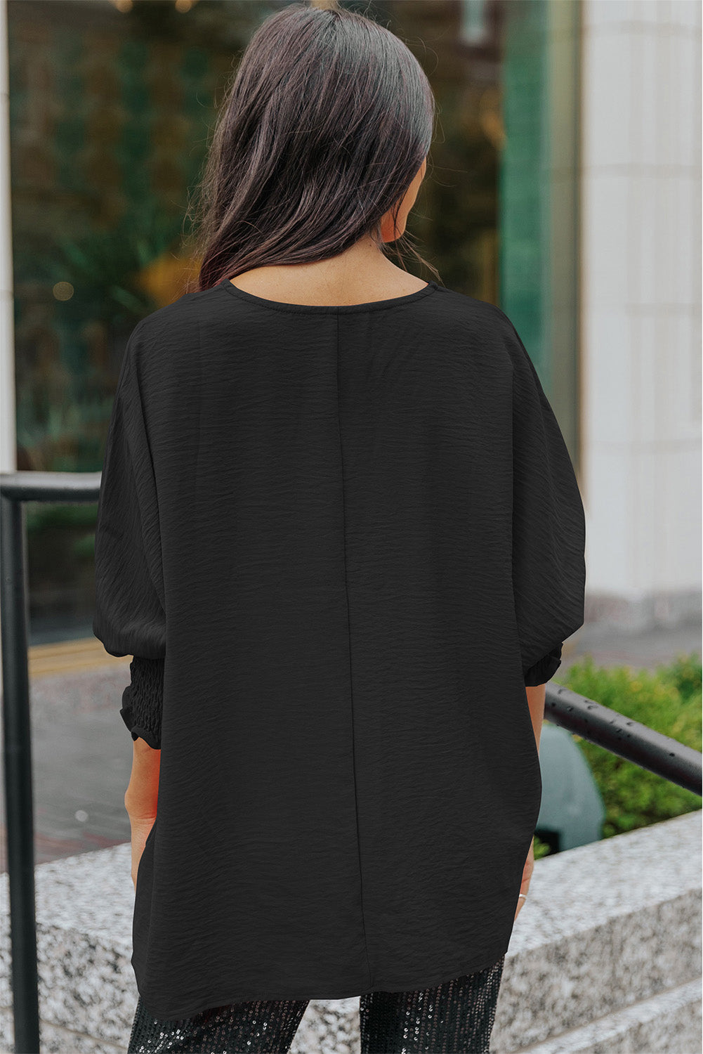 Black Plain Batwing Sleeve Business Casual Blouse for Women