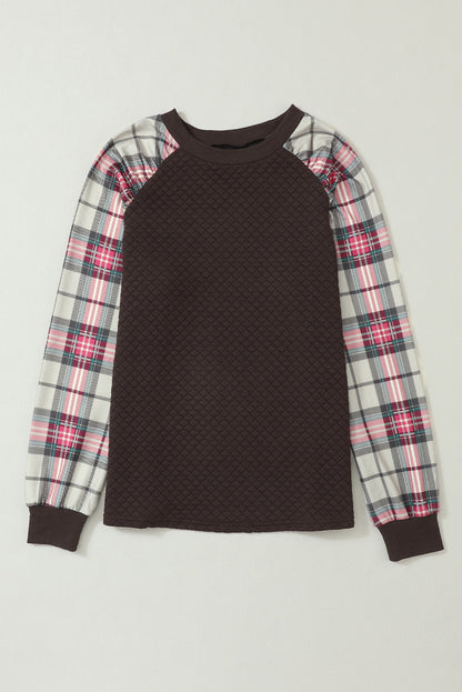 Brown Plaid Print Waffle Quilted Raglan Sleeve Sweatshirt