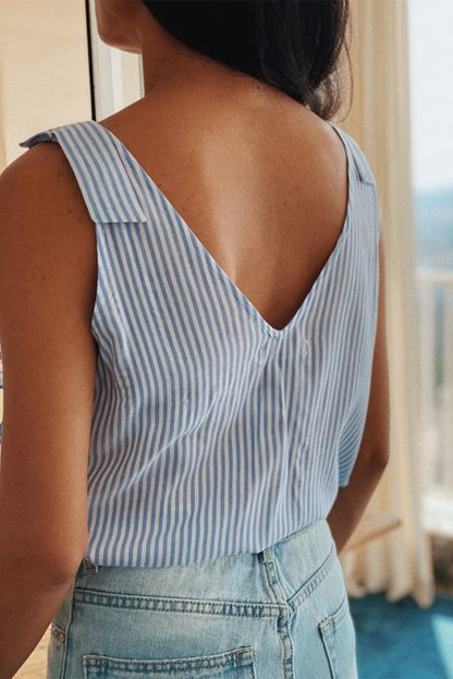 Sky Blue Striped Print Scalloped Trim V Neck Buttoned Sleeveless Shirt