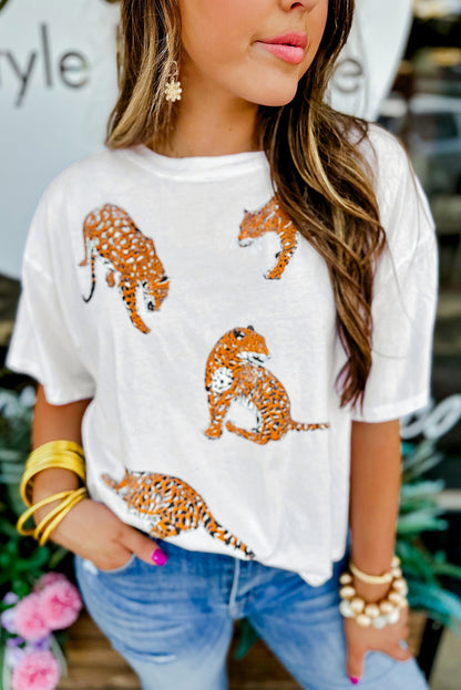 White Animal Print Round Neck T Shirt