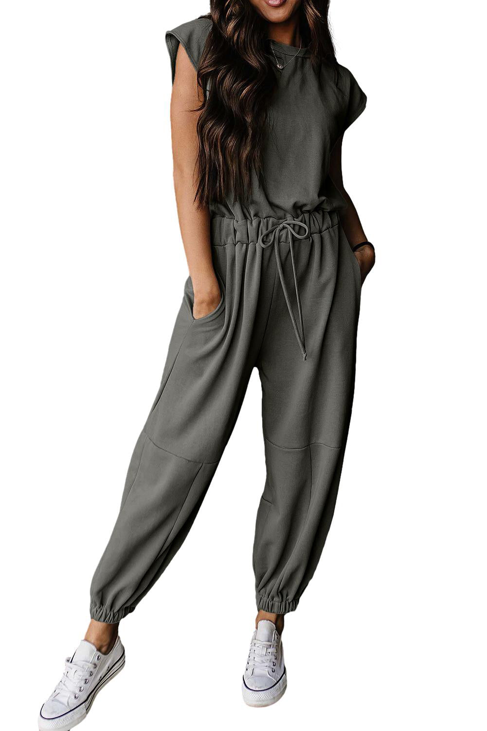 Light Beige Cap Sleeve Backless Drawstring Jogger Jumpsuit