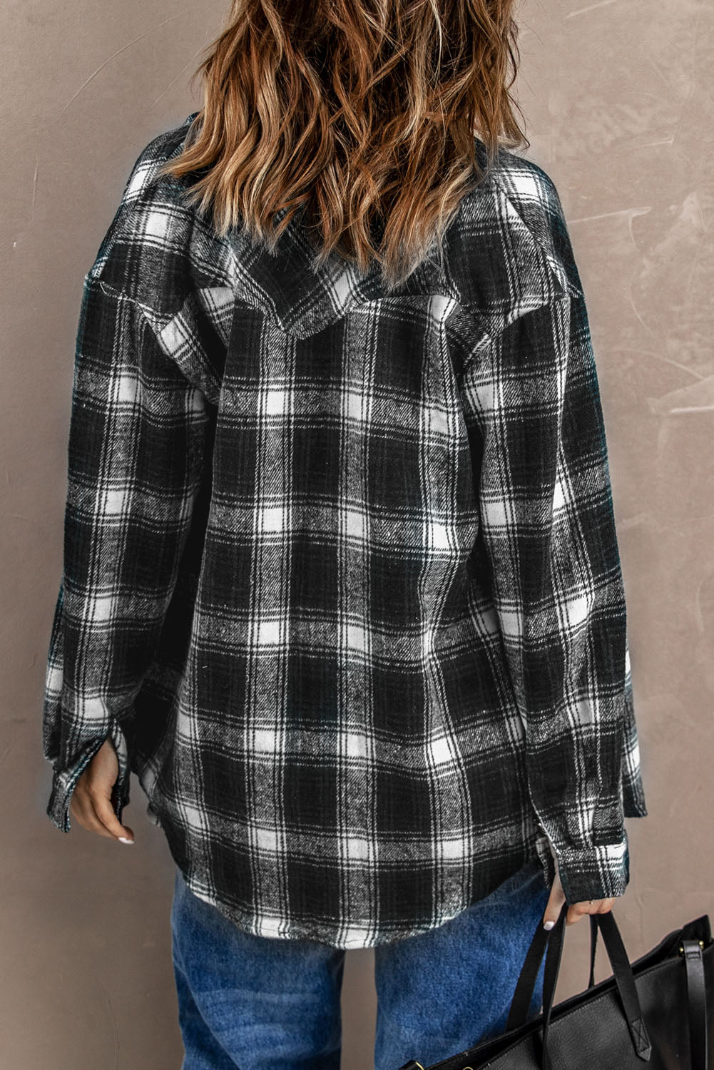 Wholesale Black Button Up Collared Plaid Shacket