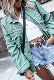 Green Frayed Trim Vintage Rivet Denim Jacket