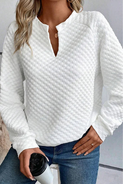 Black Quilted V-Neck Solid Color Long Sleeve Top