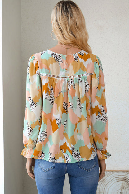 Multicolor Abstract Print Boho Frill Long Sleeve Blouse